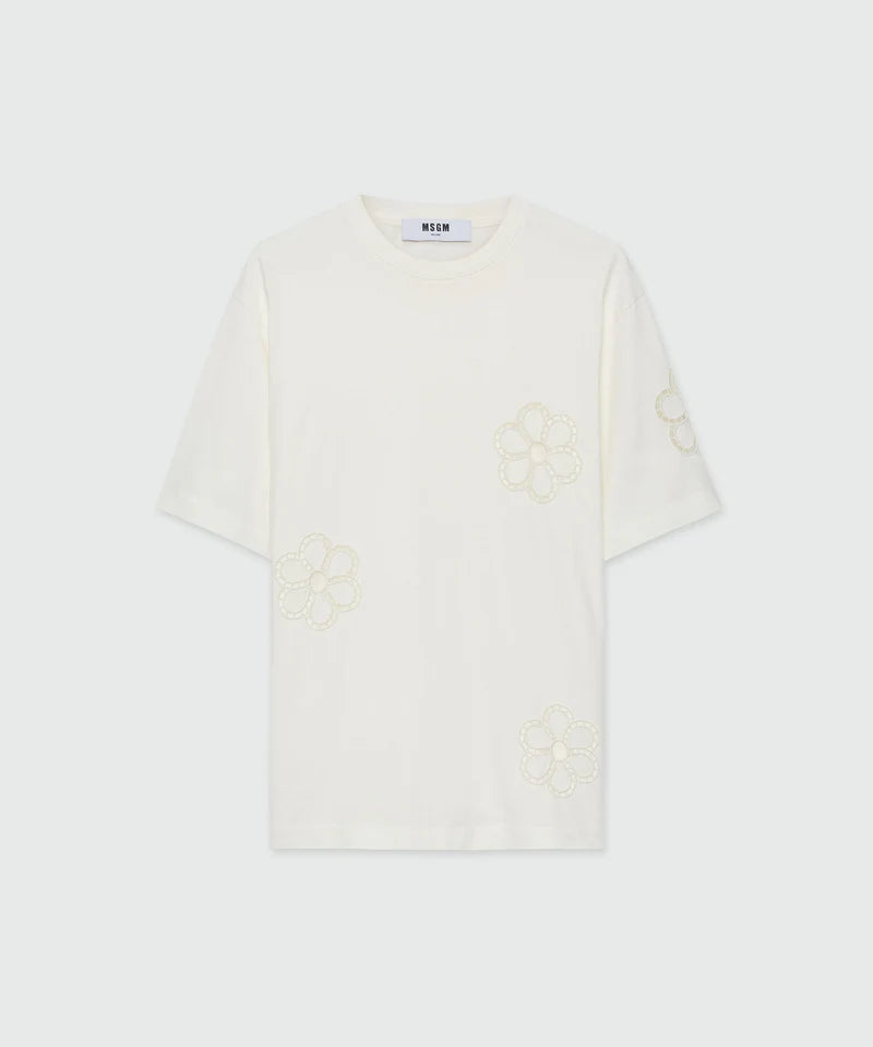 Cream T-Shirt With Floral Embroidery