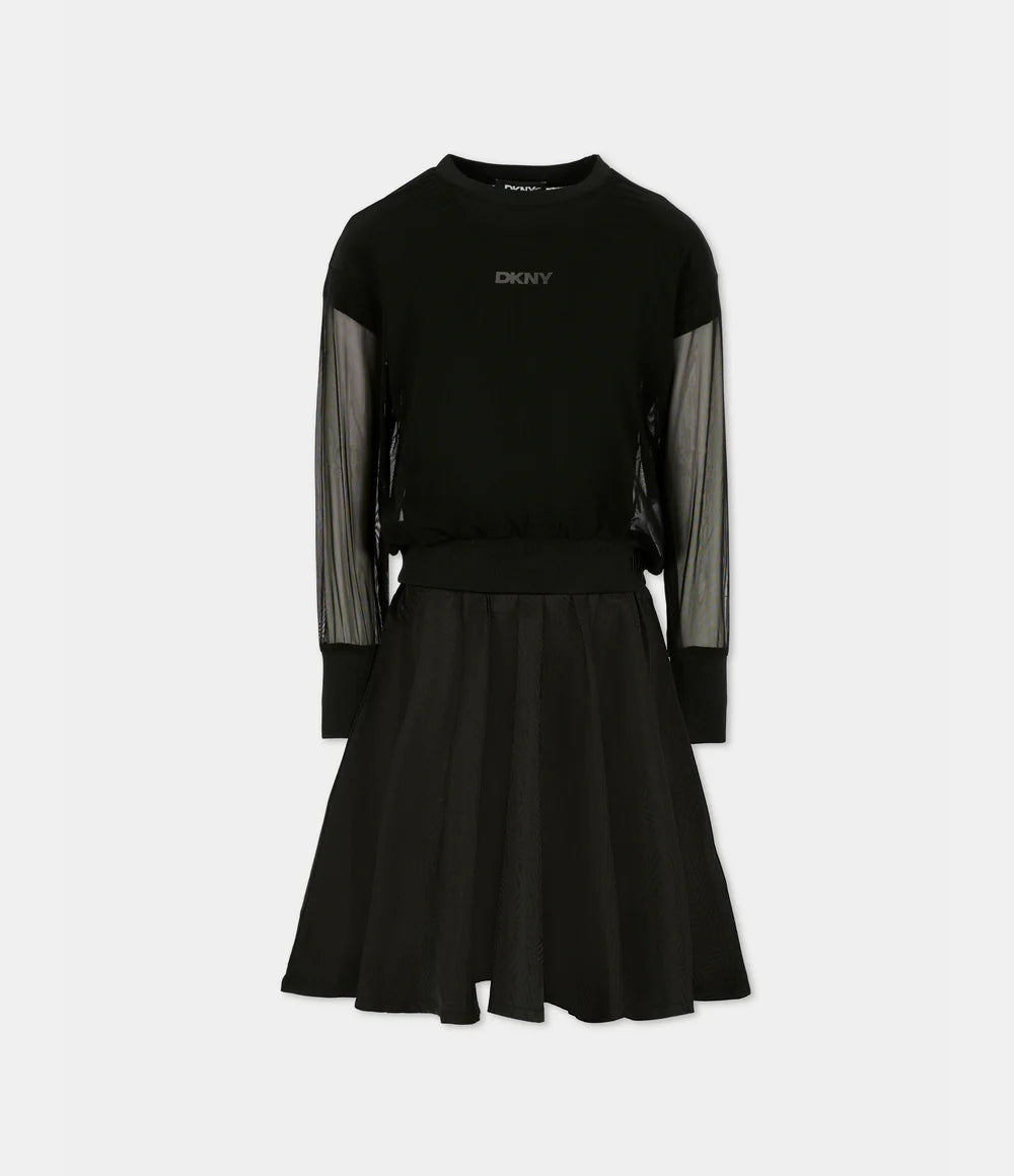 Bi-Material Girls Black Dress
