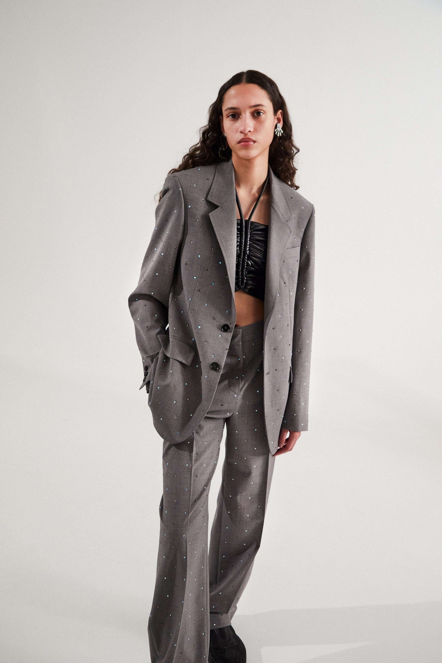 Rhinestone-Embellished Wide-Leg Trousers
