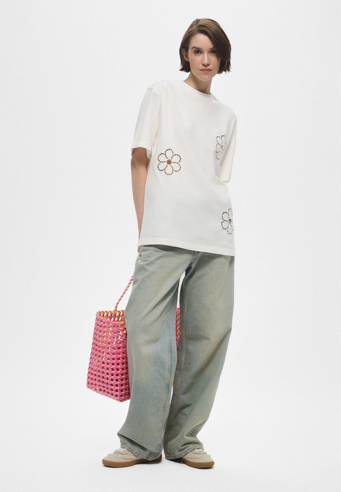 Cream T-Shirt With Floral Embroidery