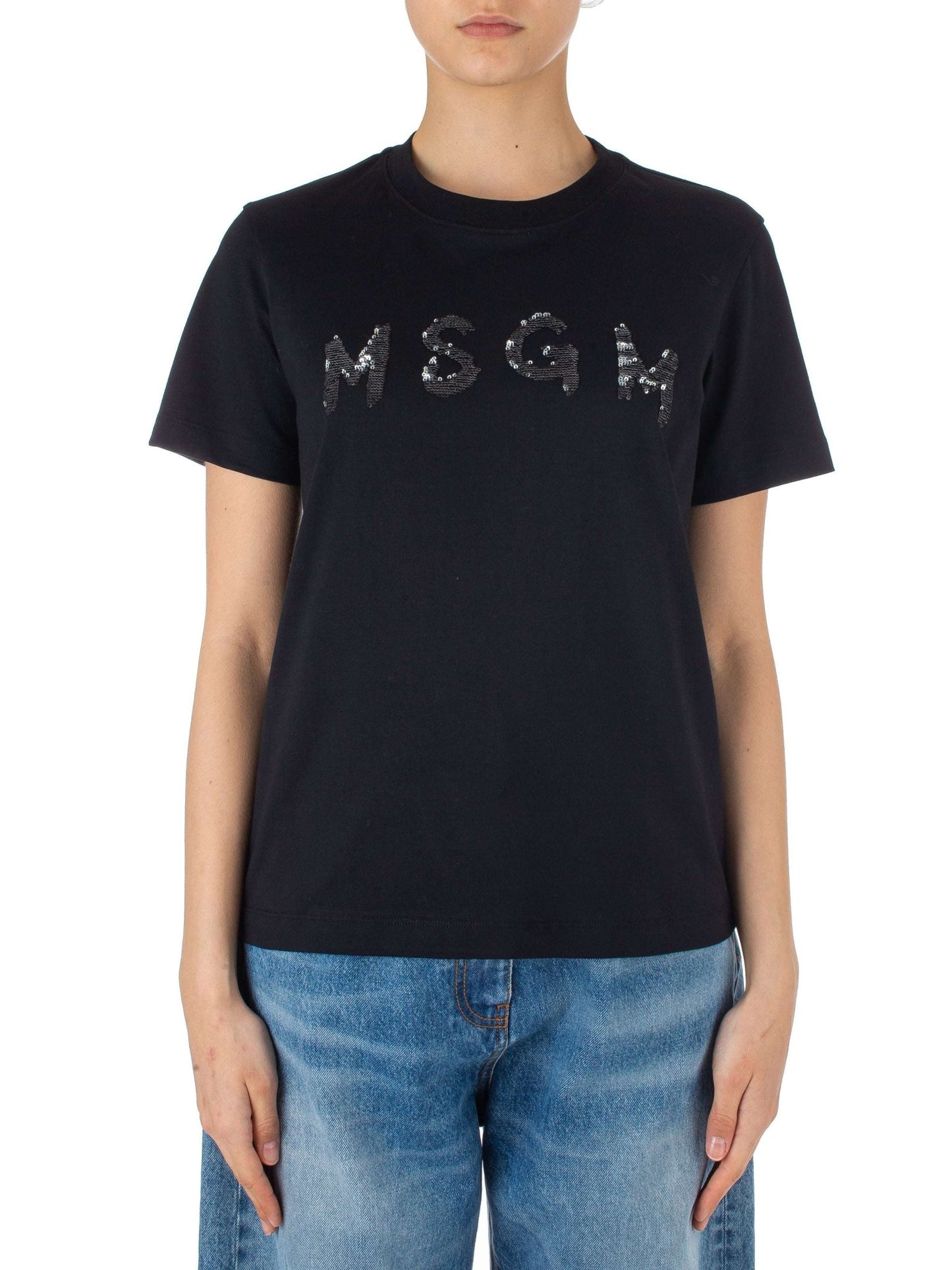 MSGM - Тениски - Black T-shirt Strass Logo - Love|Labels