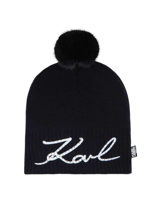 Black Logo Pom-Pom Beanie