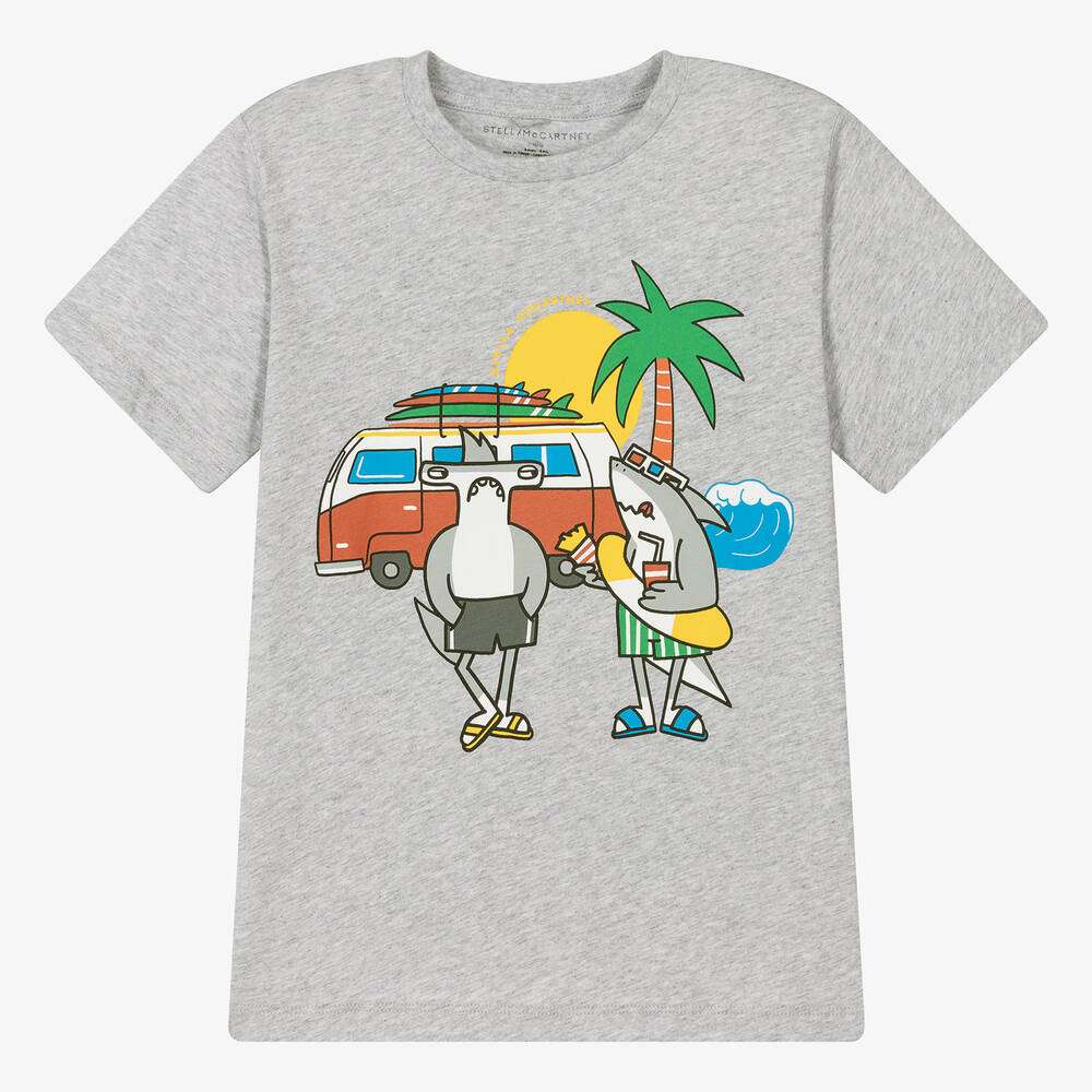 Stella McCARTNEY Kids - Тениски - Grey Organic Cotton Sharks T-Shirt - Love|Labels