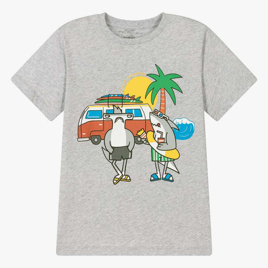 Stella McCARTNEY Kids - Тениски - Grey Organic Cotton Sharks T-Shirt - Love|Labels