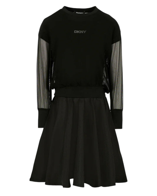 Bi-Material Girls Black Dress