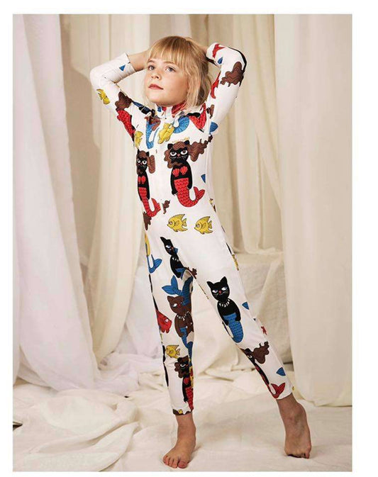 Mini Rodini - Бански - White Print Long - Sleeve Swimsuit - Love|Labels