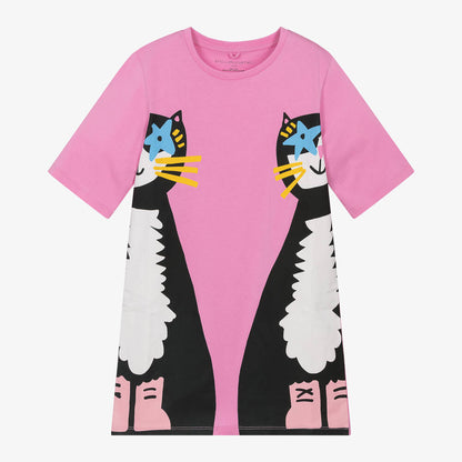 Cat Print Pink Dress