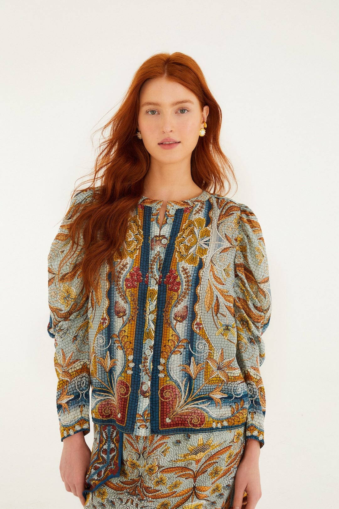 Blue Mosaic Garden Long Sleeve Blouse
