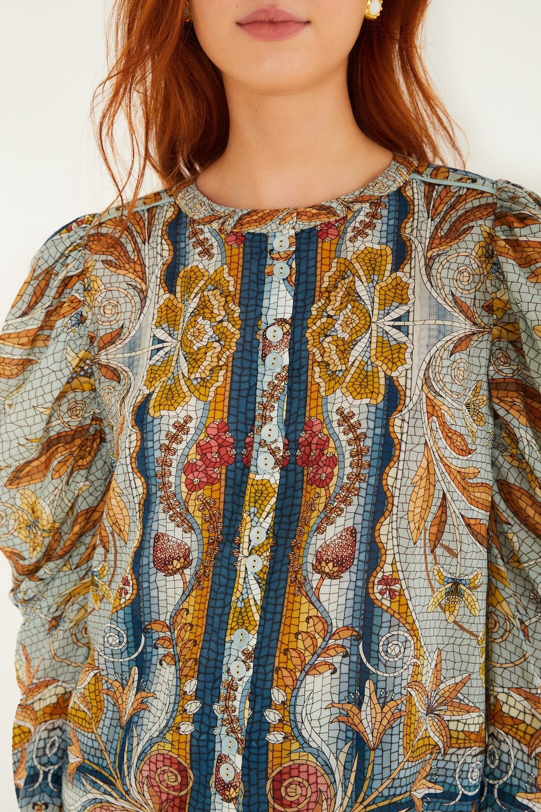 Blue Mosaic Garden Long Sleeve Blouse