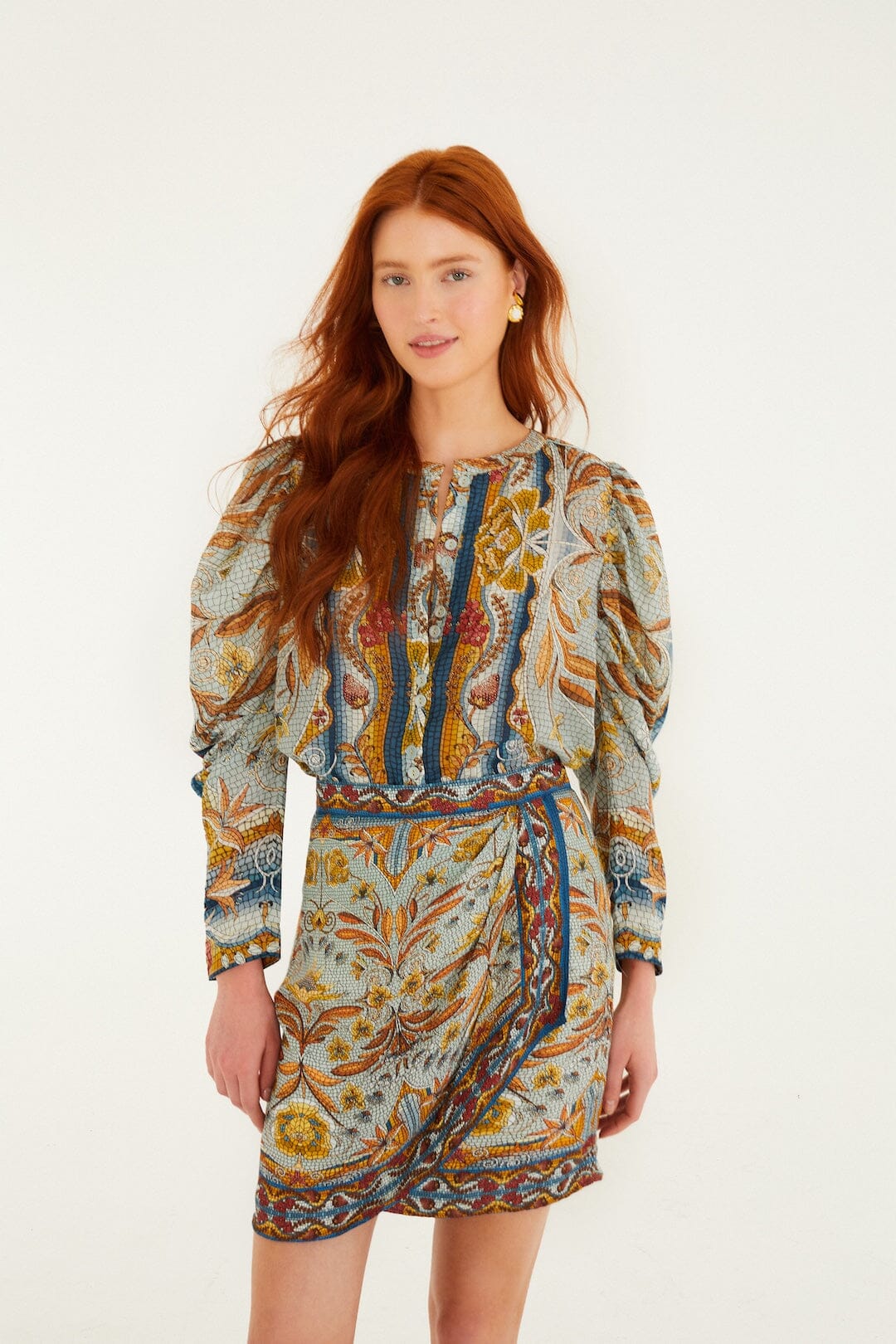 Blue Mosaic Garden Long Sleeve Blouse