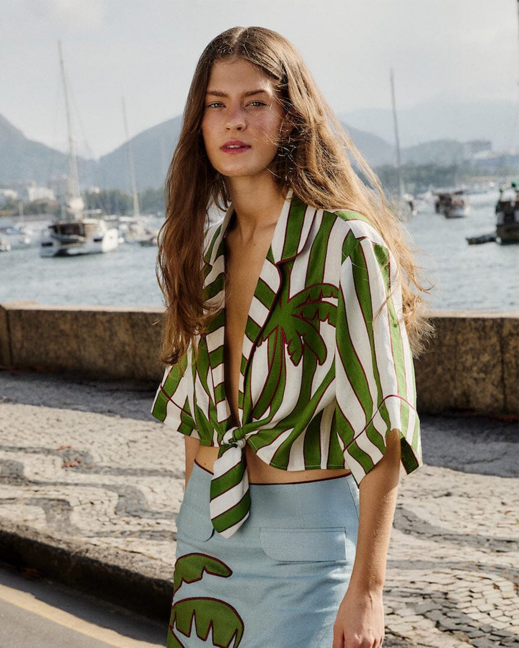 Green Stripes Palms Crop Top