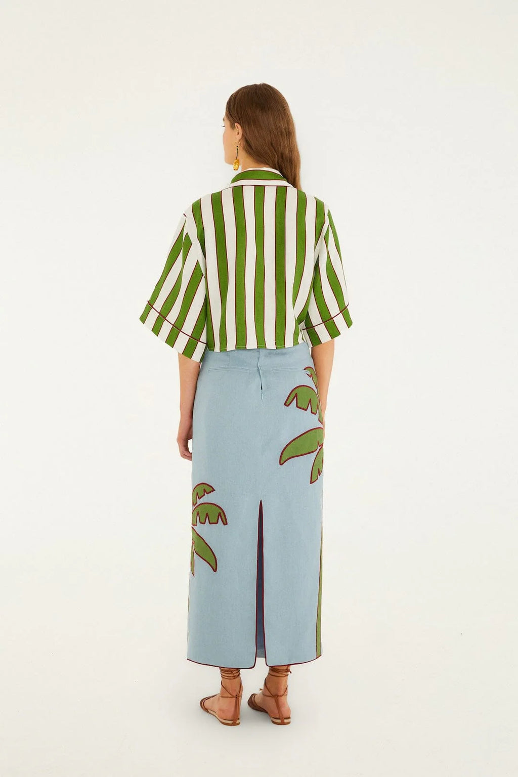 Blue Embroidered Palm Tree Maxi Skirt
