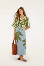 Blue Embroidered Palm Tree Maxi Skirt