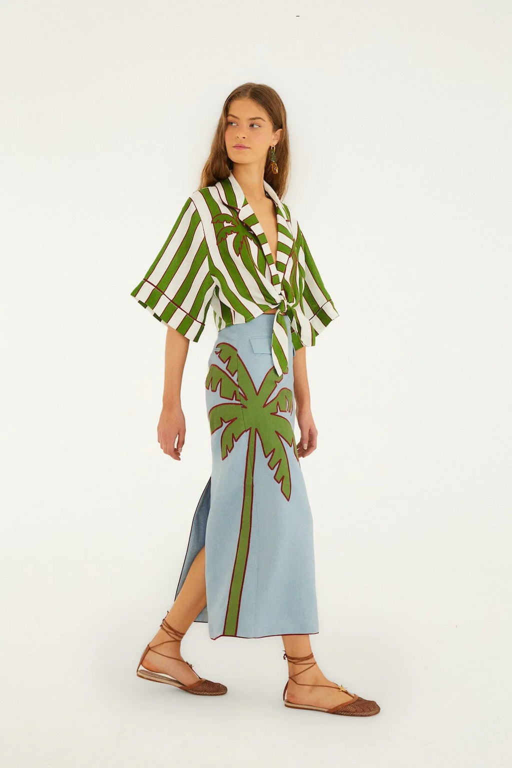 Blue Embroidered Palm Tree Maxi Skirt