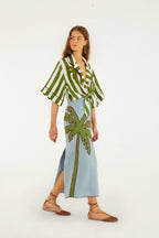 Blue Embroidered Palm Tree Maxi Skirt