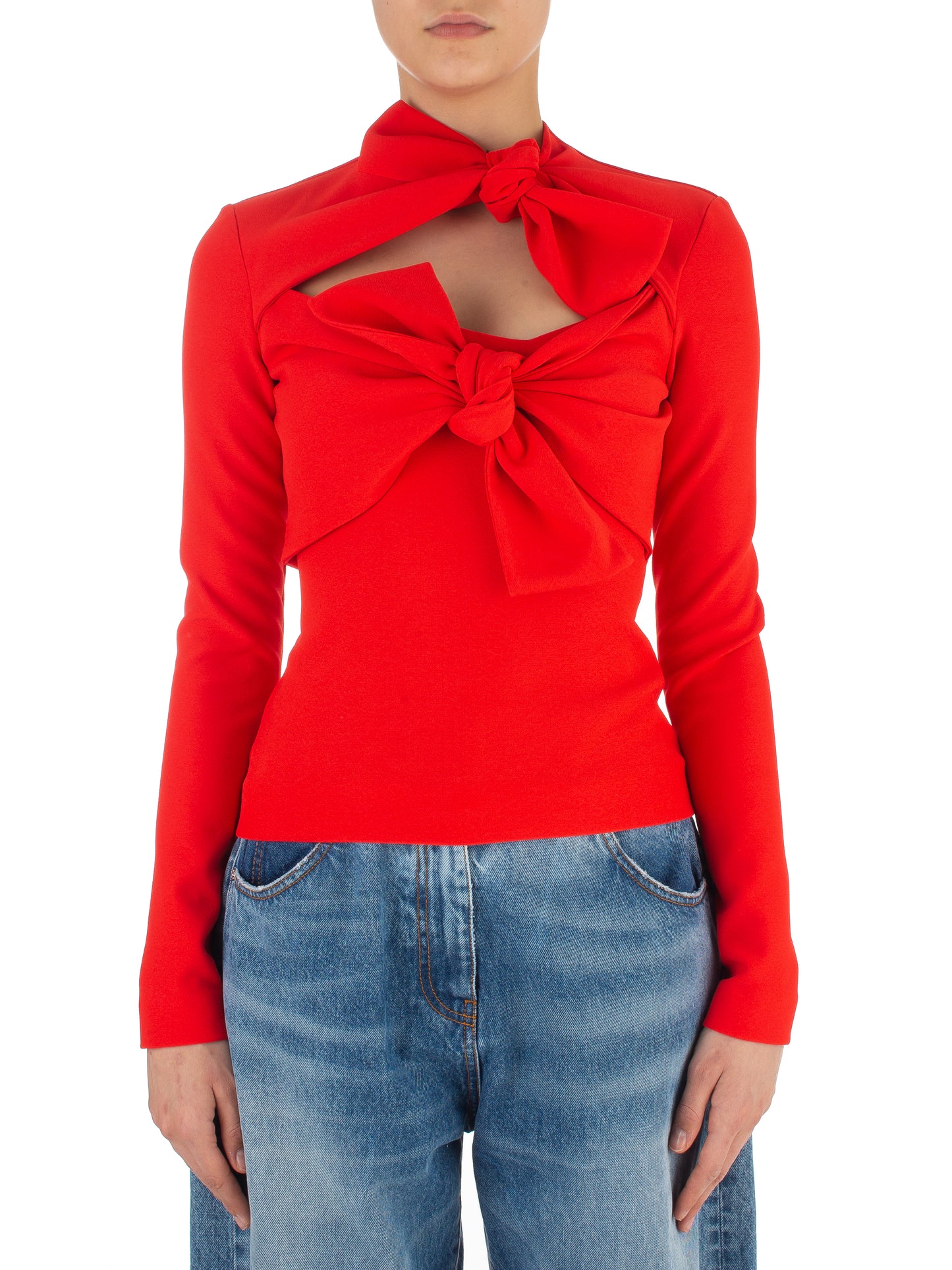 Bow-Detail Long-Sleeve Top Red