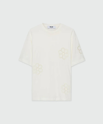Cream T-Shirt With Floral Embroidery