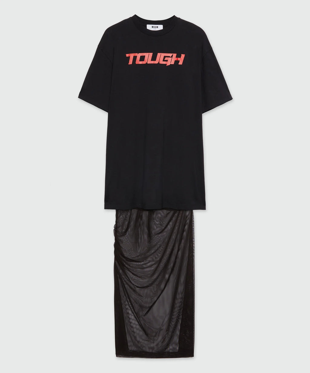 Long Black Dress In Mixed Tulle With Print