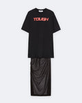 Long Black Dress In Mixed Tulle With Print