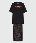Long Black Dress In Mixed Tulle With Print