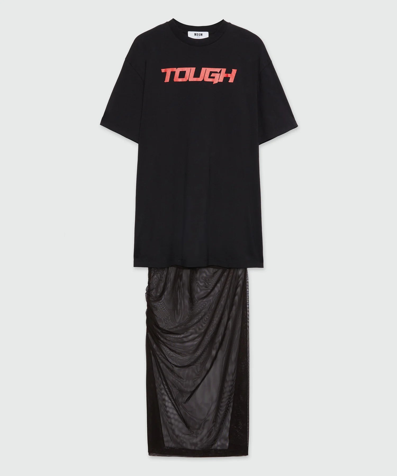 Long Black Dress In Mixed Tulle With Print