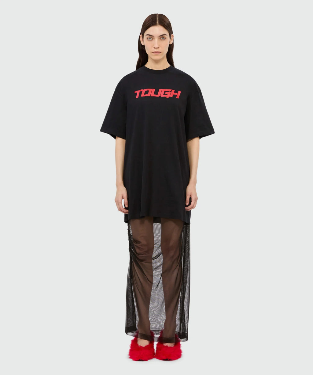 Long Black Dress In Mixed Tulle With Print