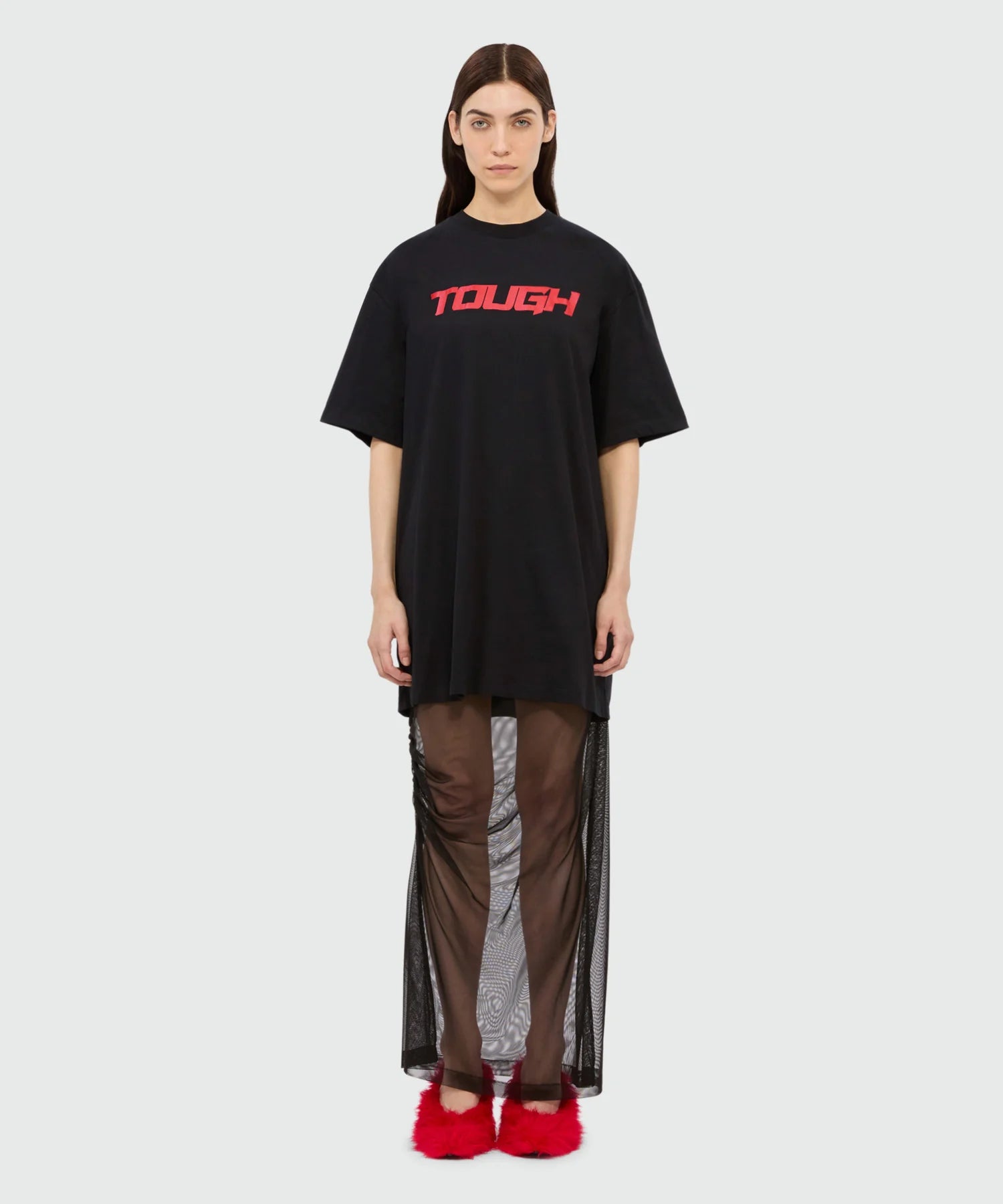 Long Black Dress In Mixed Tulle With Print