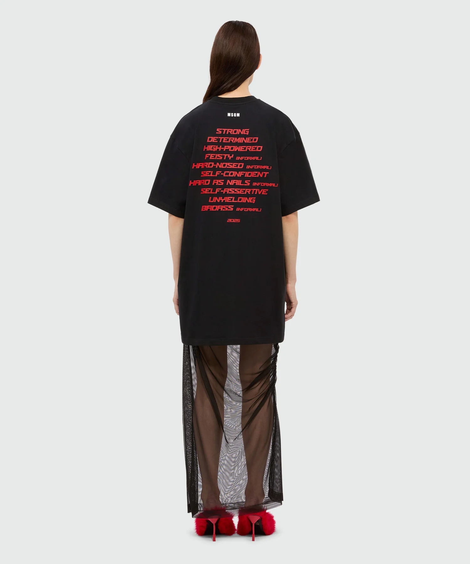 Long Black Dress In Mixed Tulle With Print