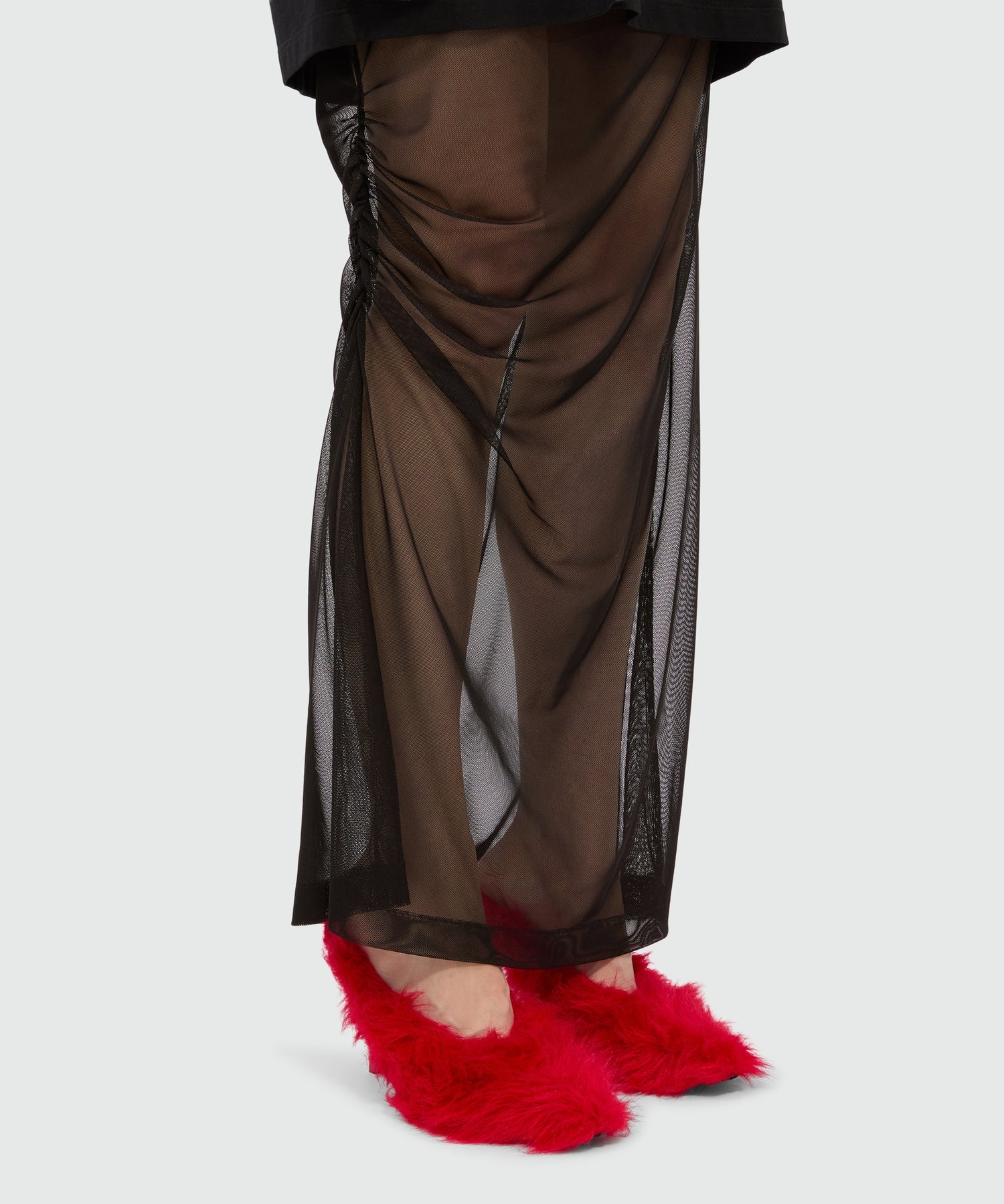 Long Black Dress In Mixed Tulle With Print