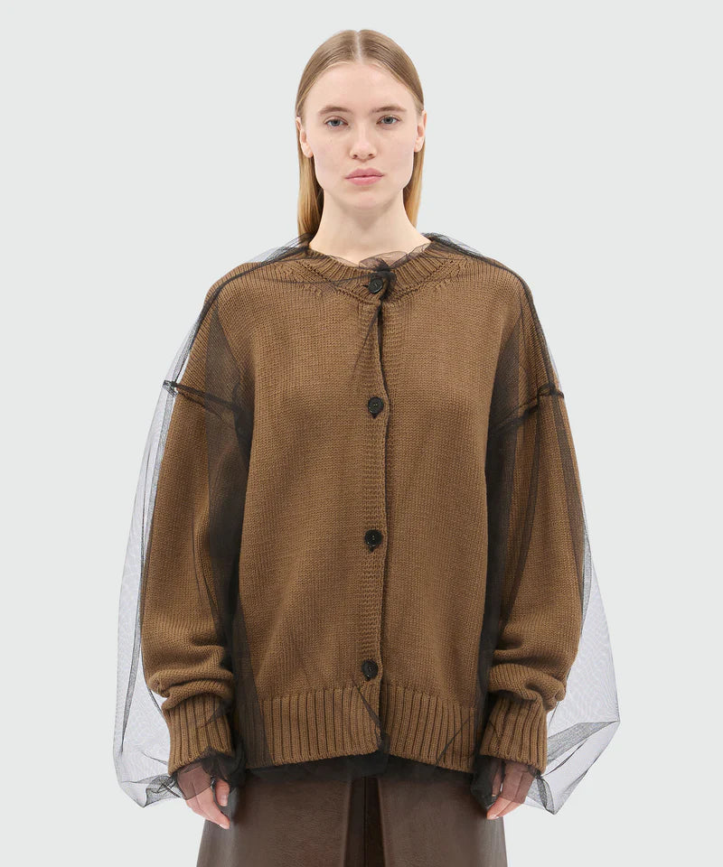 Beige Wool Blend Cardigan With Tulle Layer