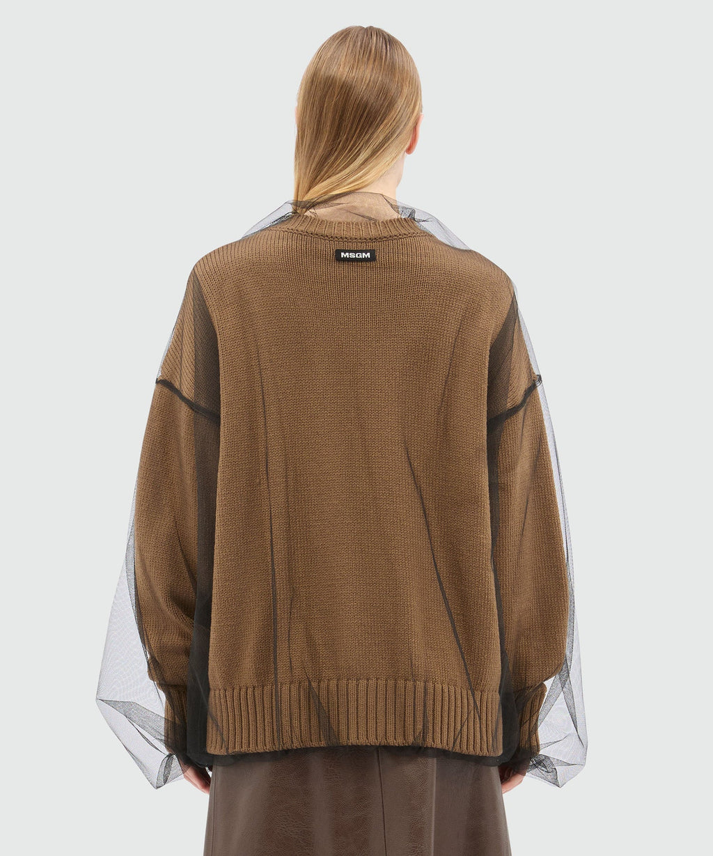 Beige Wool Blend Cardigan With Tulle Layer