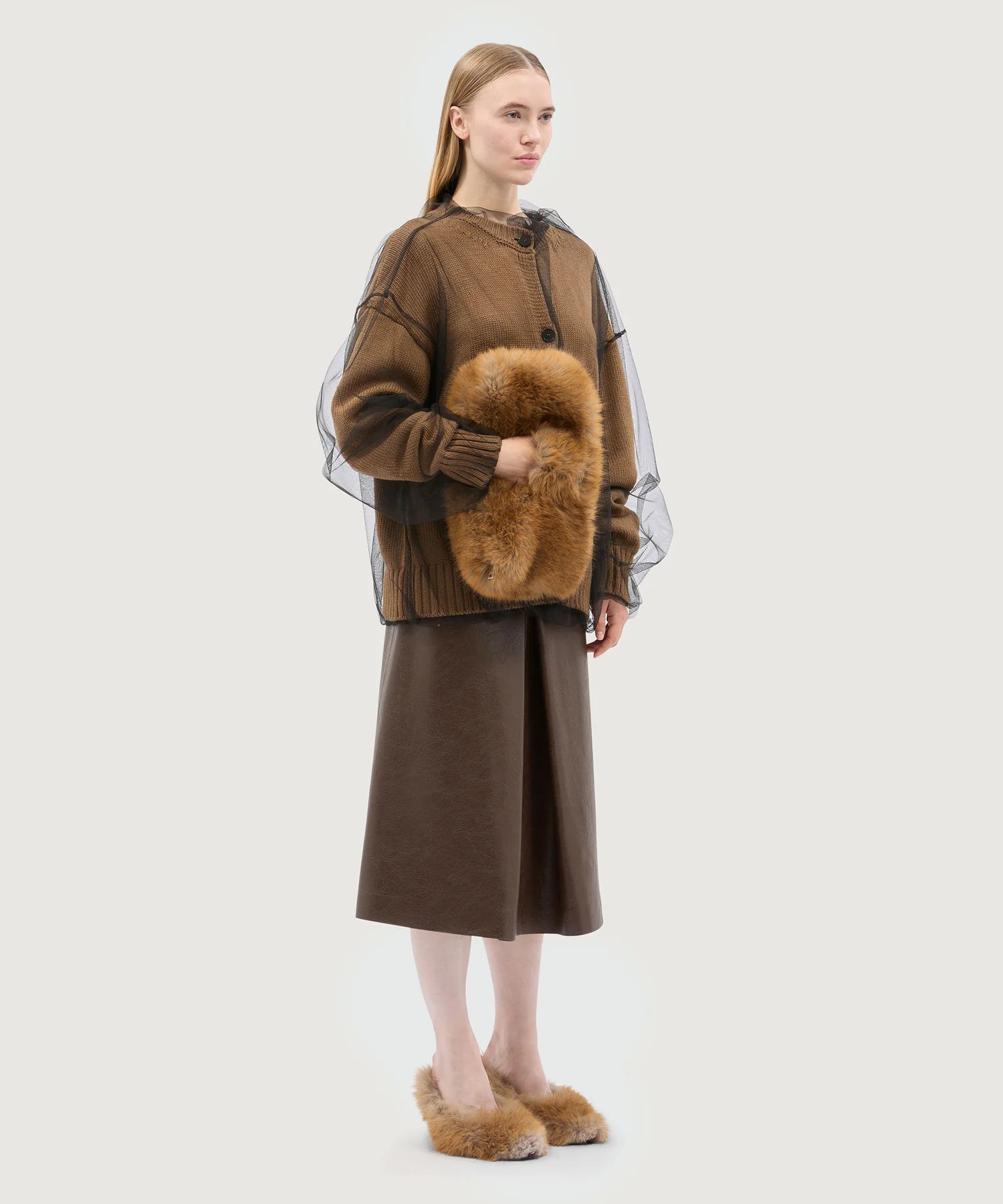 Beige Wool Blend Cardigan With Tulle Layer