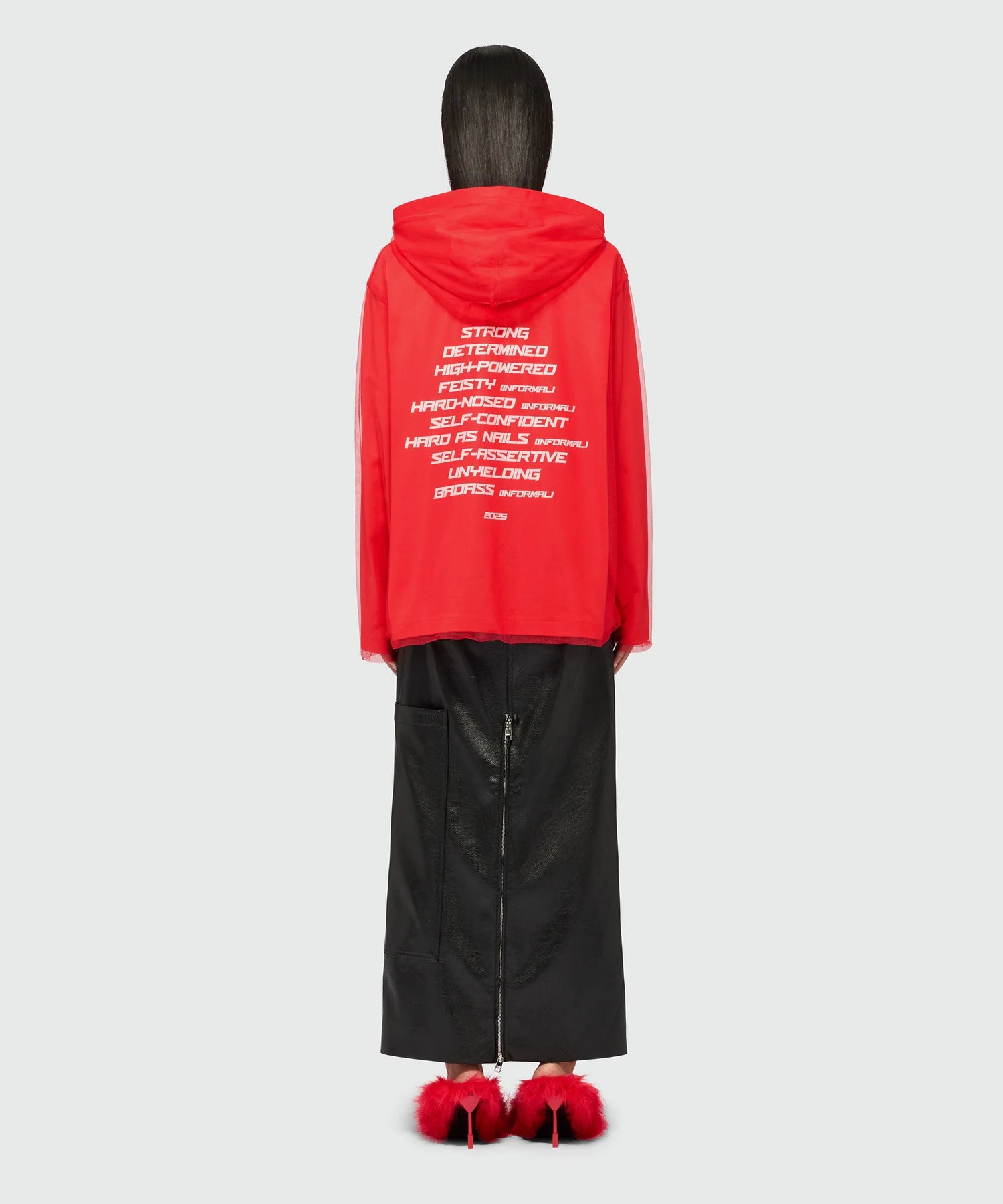 Red Hooded Sweatshirt In Tulle And Cotton