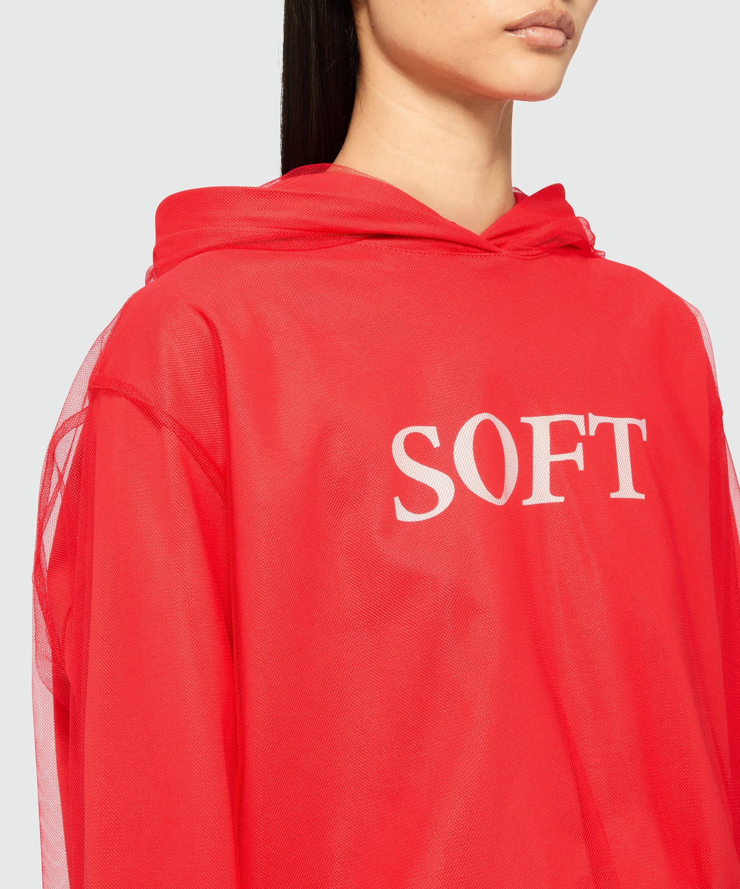 Red Hooded Sweatshirt In Tulle And Cotton