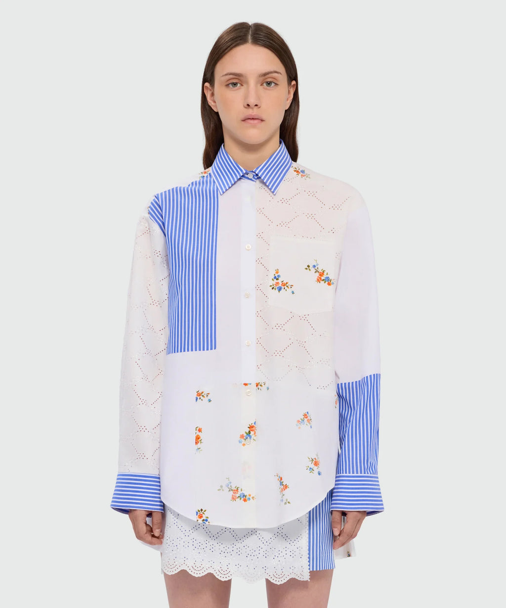 Blue Patchwork Shirt With Lace Detail