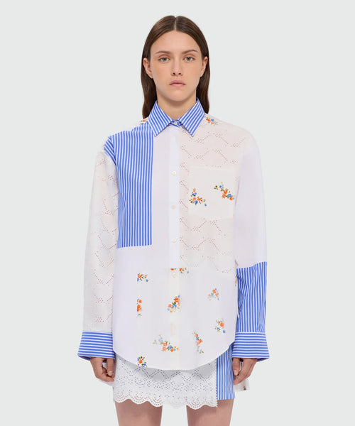 Blue Patchwork Shirt With Lace Detail