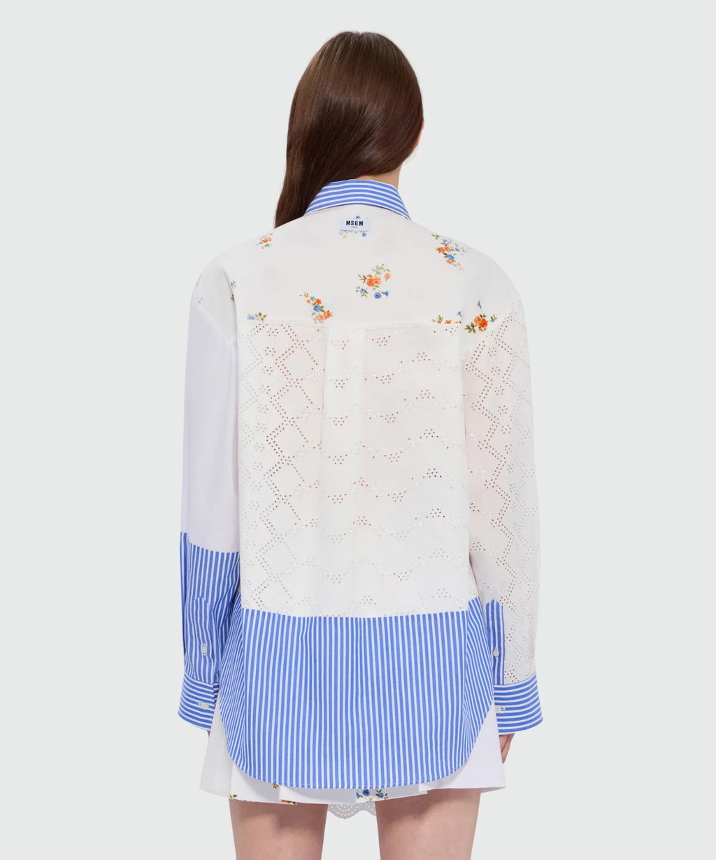 Blue Patchwork Shirt With Lace Detail