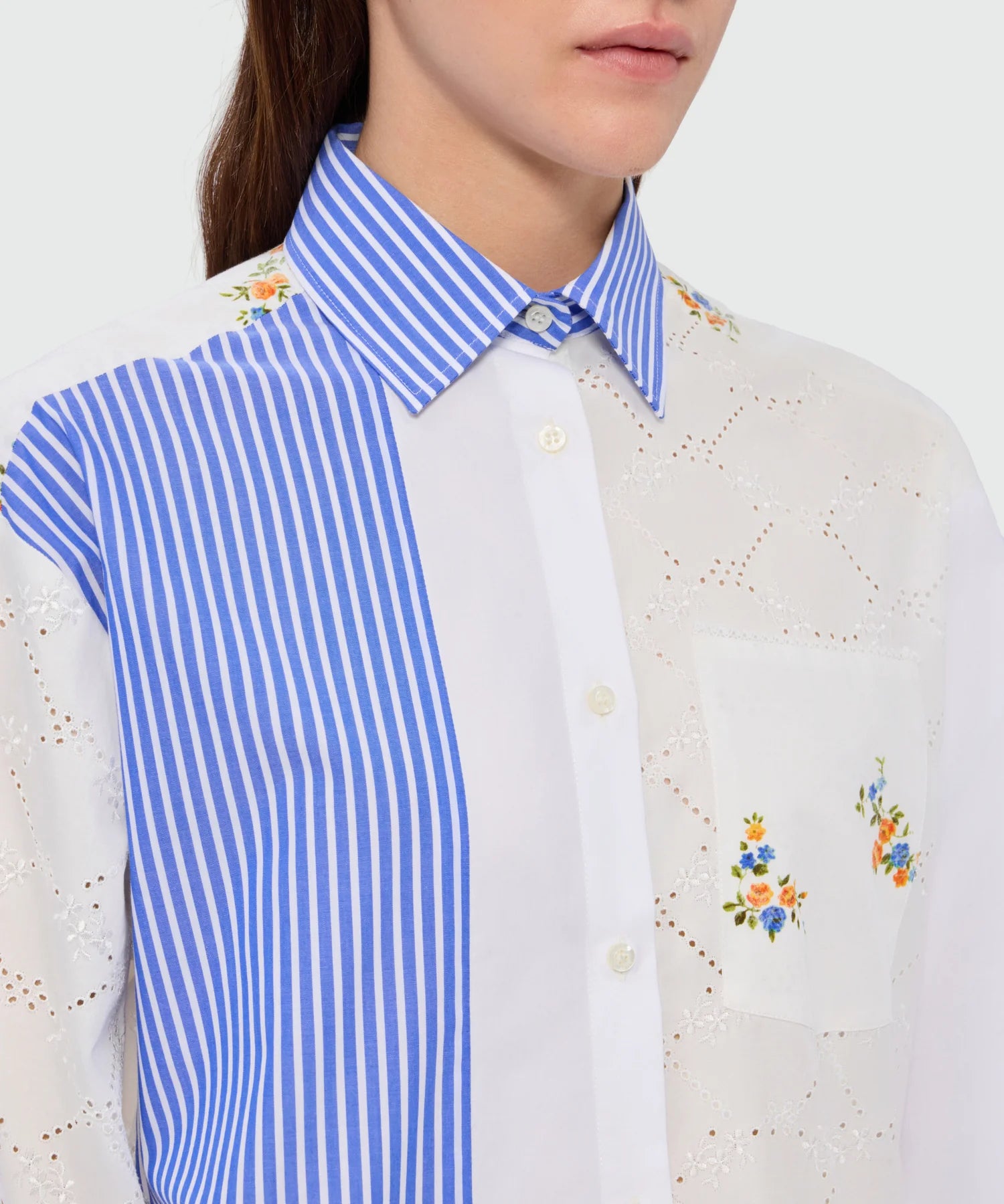 Blue Patchwork Shirt With Lace Detail