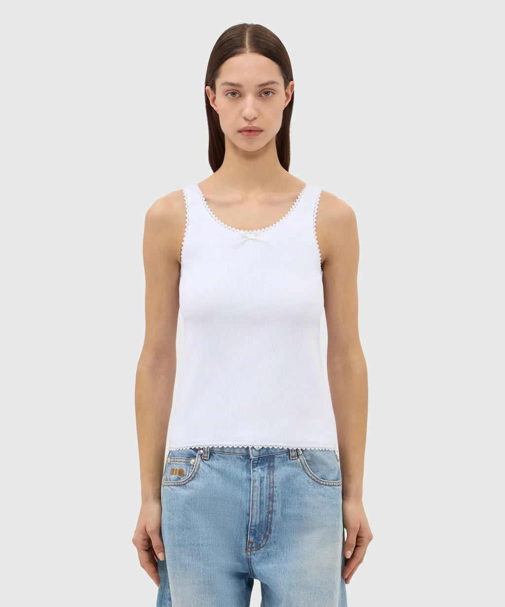 White Ribbed Cotton Top With Lace Trim