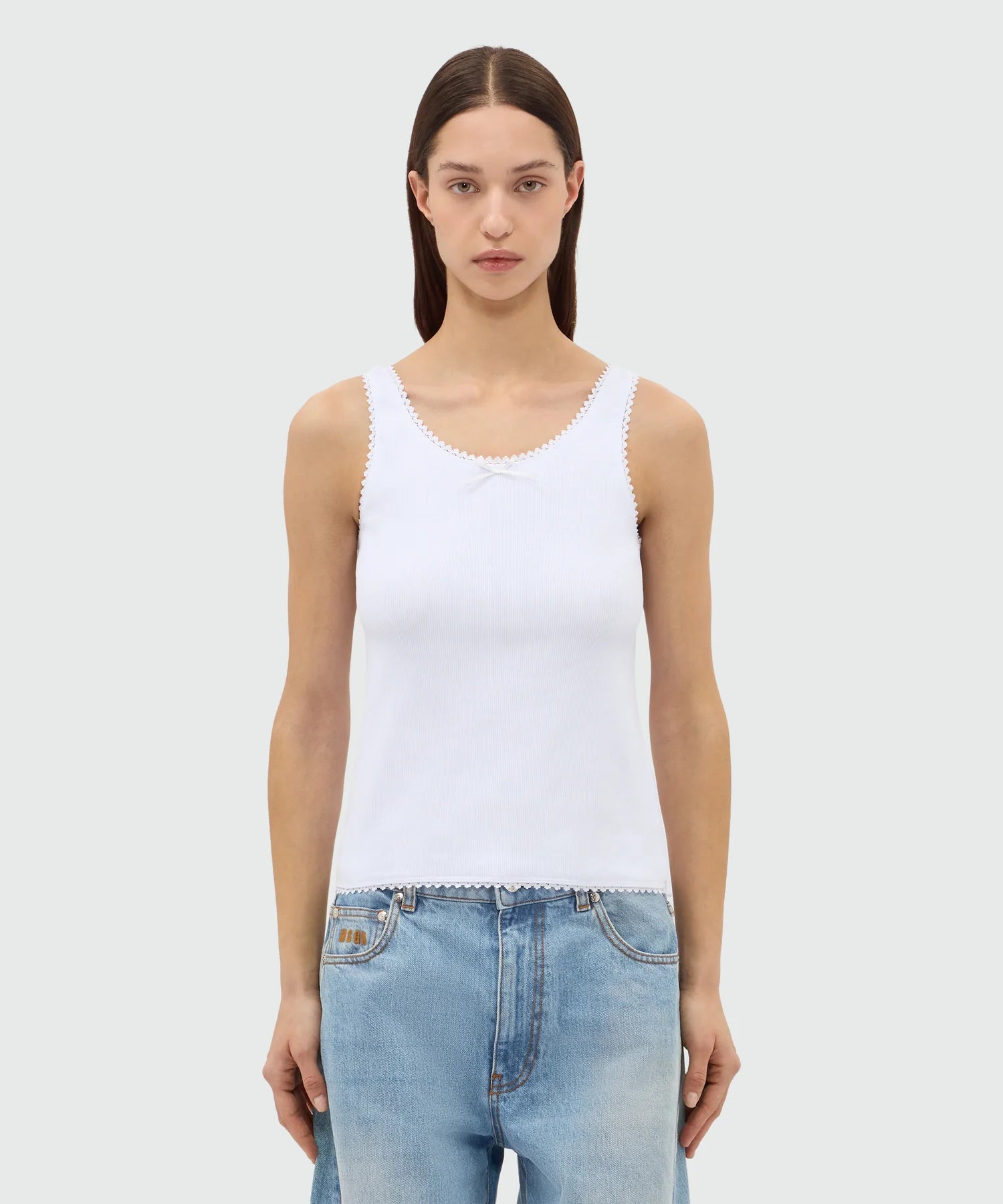 White Ribbed Cotton Top With Lace Trim