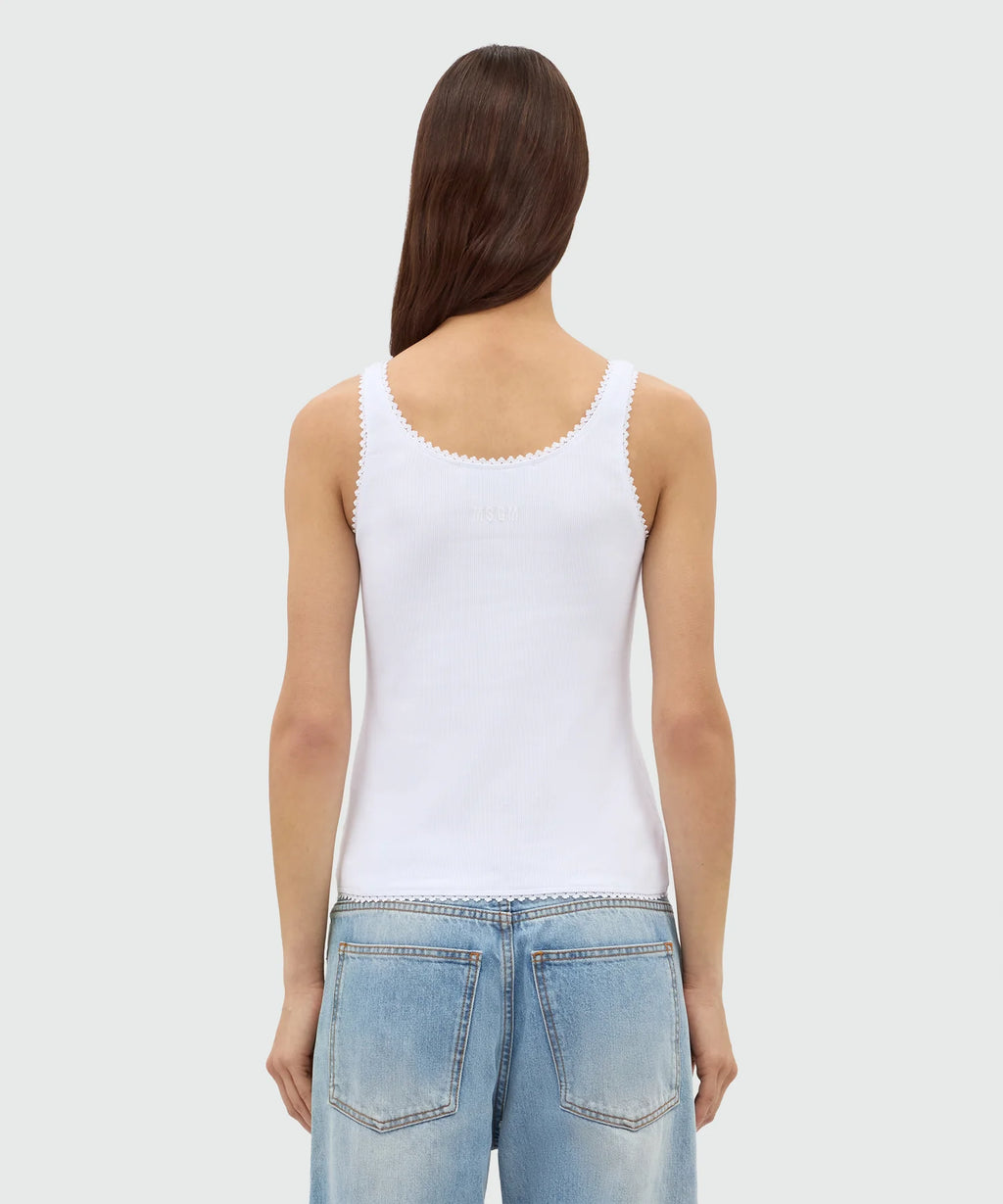 White Ribbed Cotton Top With Lace Trim