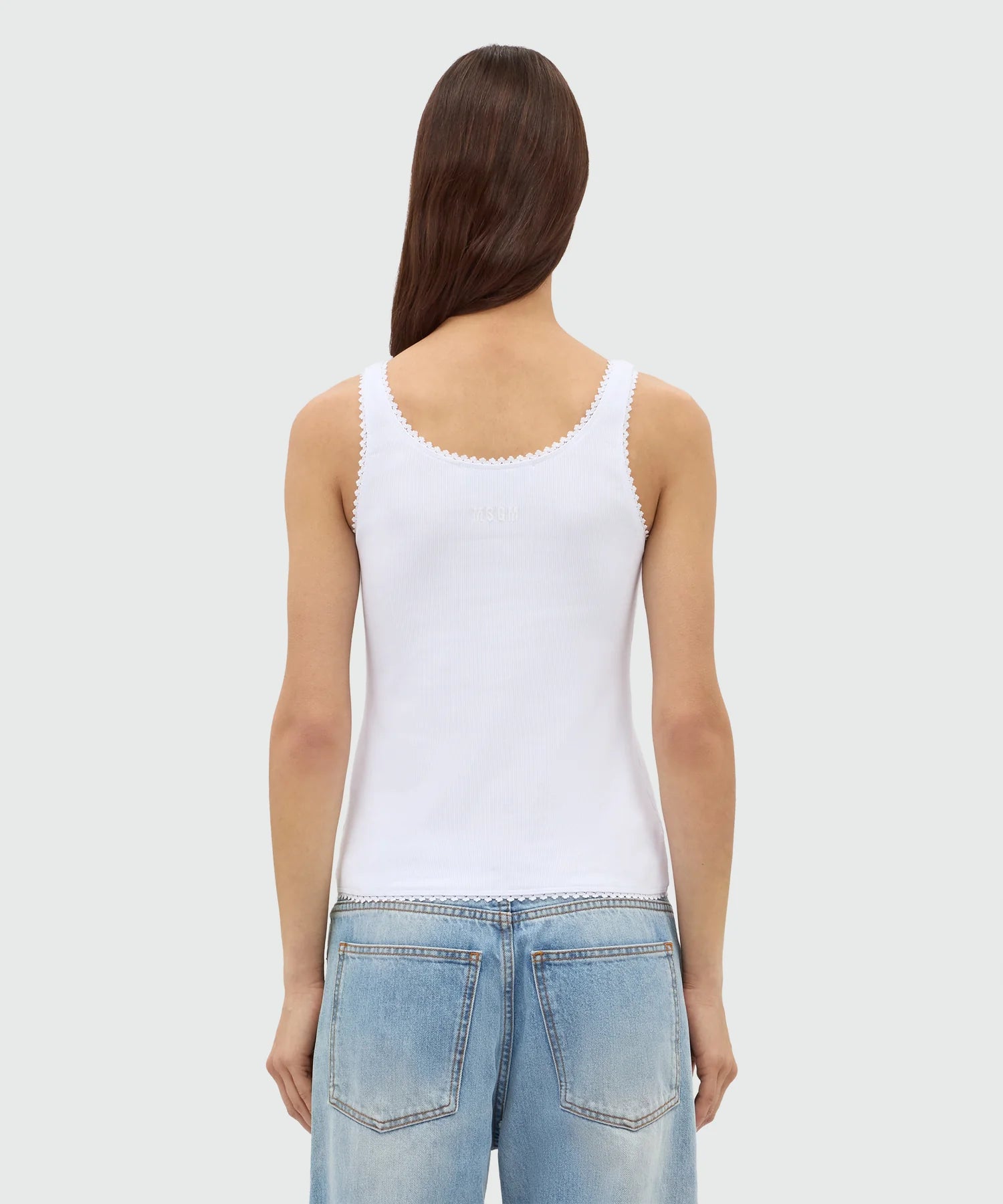 White Ribbed Cotton Top With Lace Trim