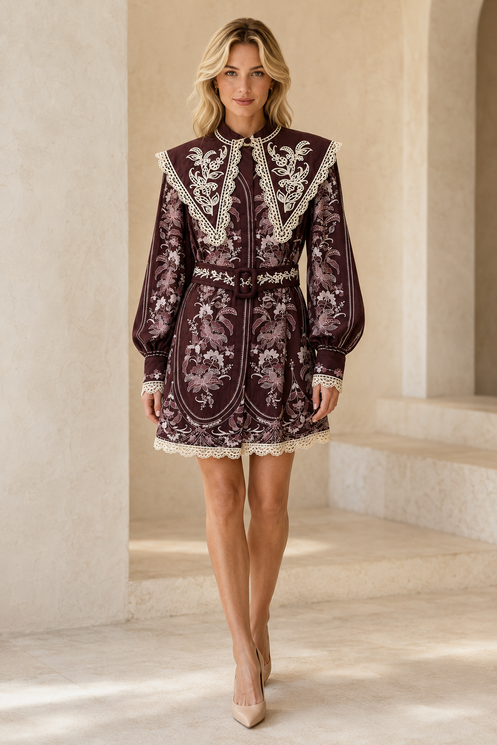 Embroidered Burgundy Collar Mini Dress