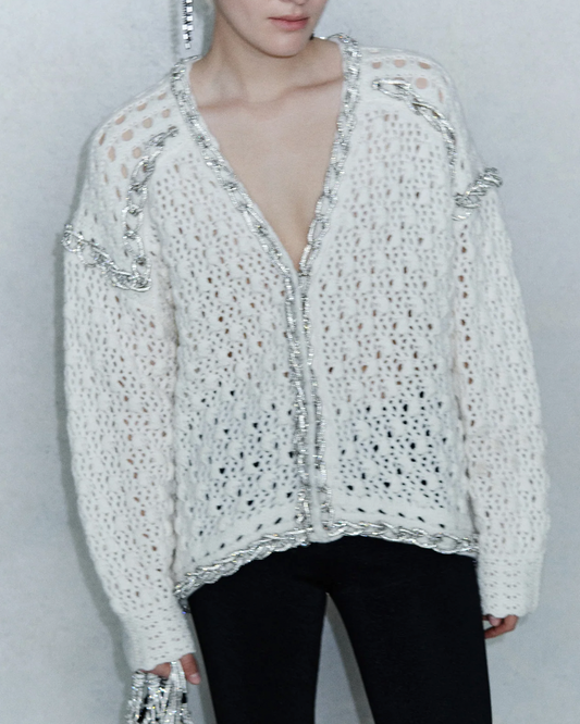 White Cardigan With Rhinestone Detail
