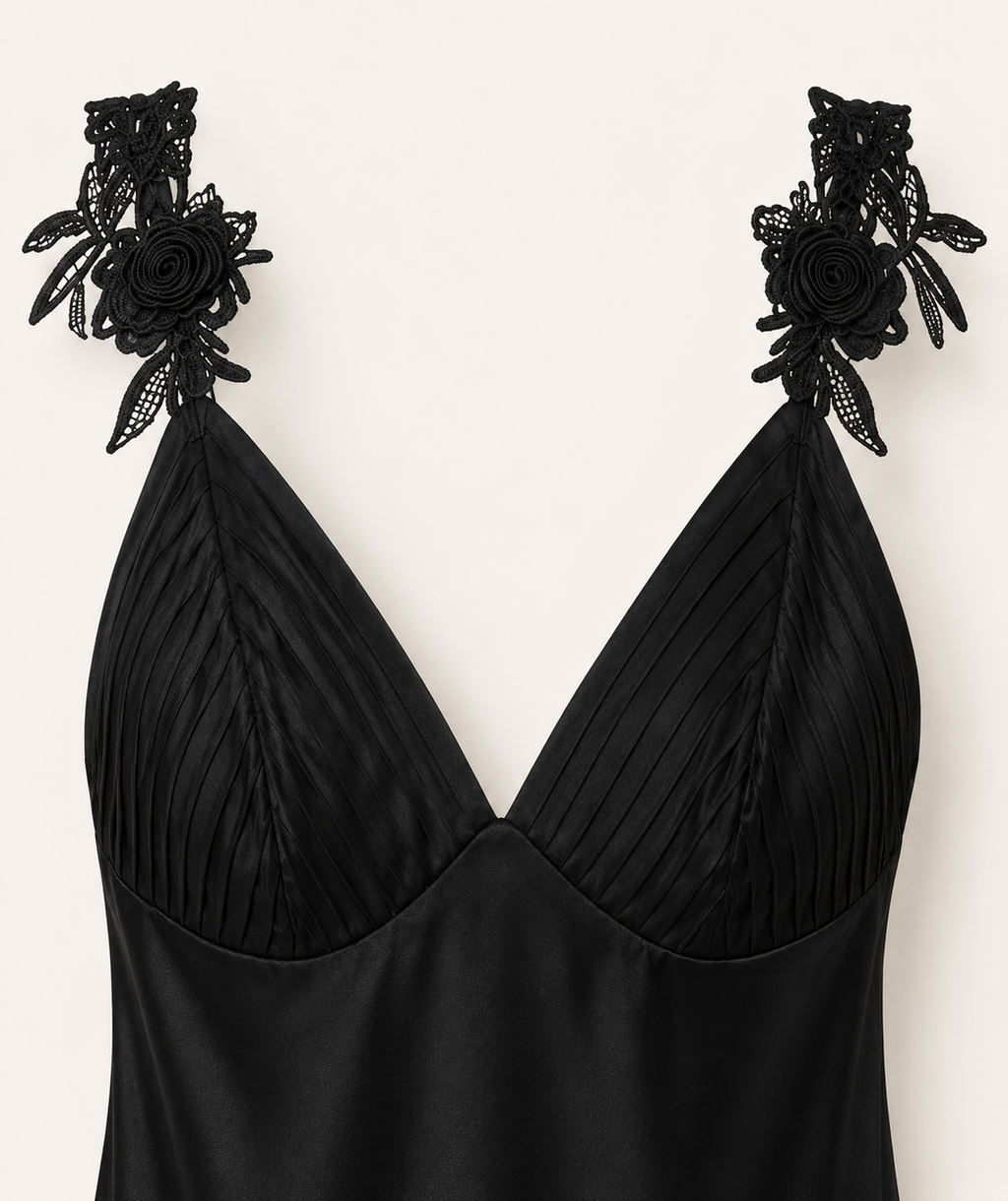 Black Lace Appliqué Slip Dress