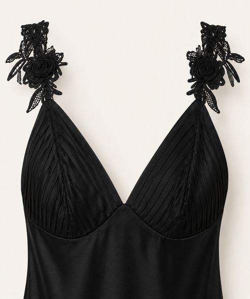 Black Lace Appliqué Slip Dress