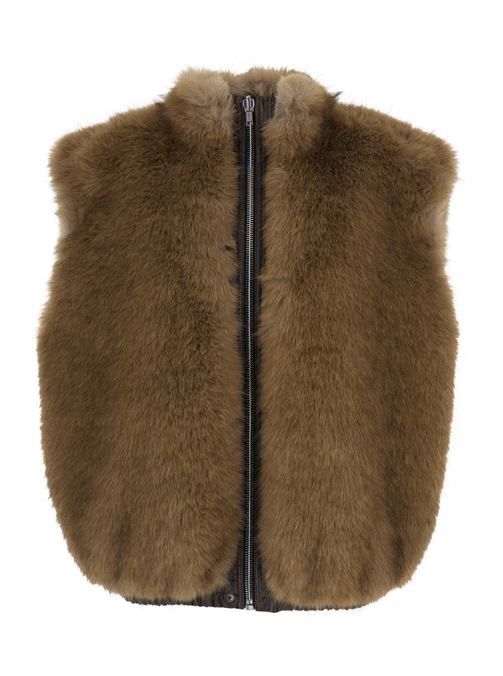 Brown Reversible Faux Leather Fur-Trim Vest