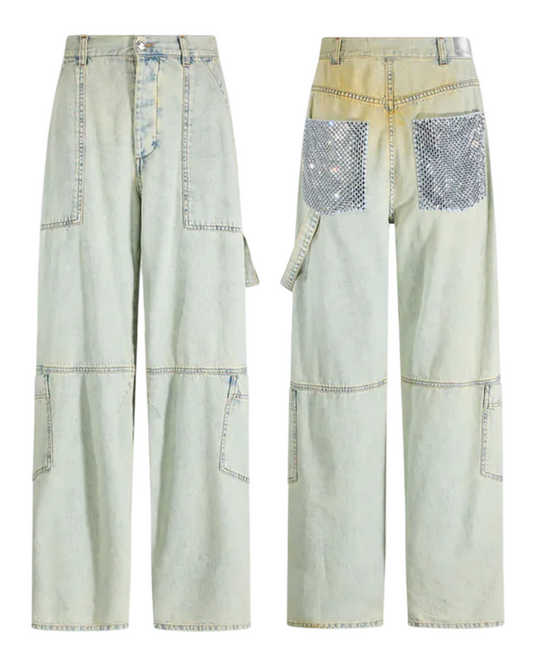 Rhinestone Mesh Cargo Jeans