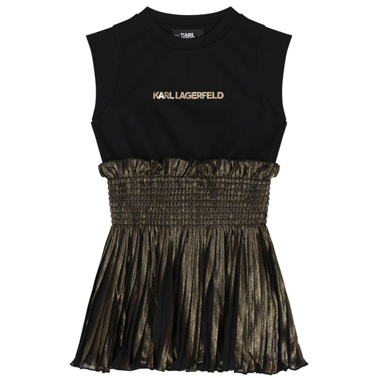 Girls Black & Gold Pleated Dress