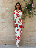 Red Roses Linen Dress